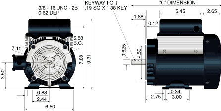 Motor, technische Risszeichnung, Front- & Seitansicht, bemasst